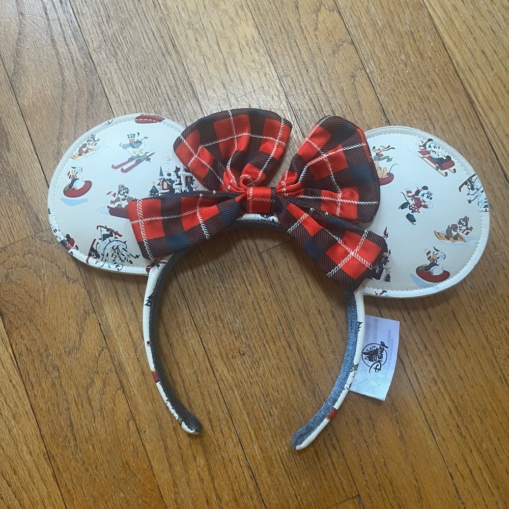Disney Character Ears Headband with Red and Black Plaid Bow NWOT